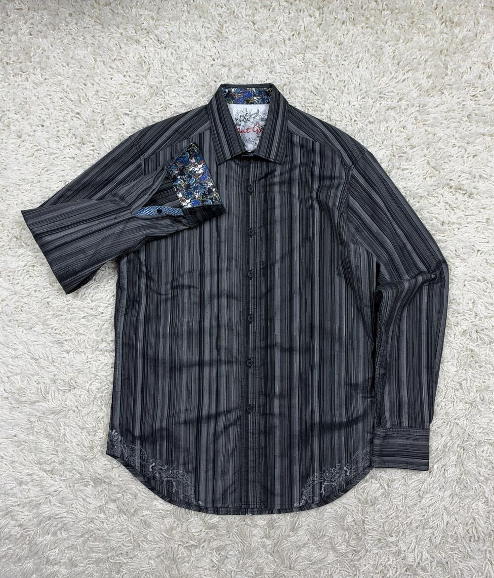 Robert Graham Shirt Mens Small Gray Black Striped Flip Cuff Embroidered Paisley